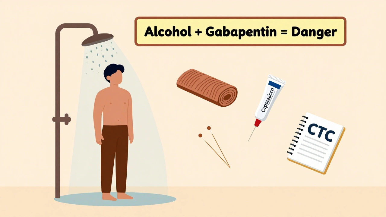 Person in shower with alcohol warning, surrounded by safe alternatives like yoga and capsaicin cream.