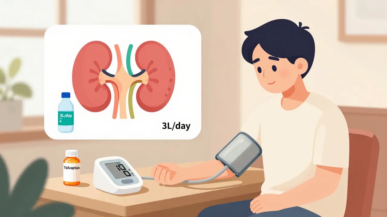 Person monitoring blood pressure with kidney growth infographic and hydration reminders.