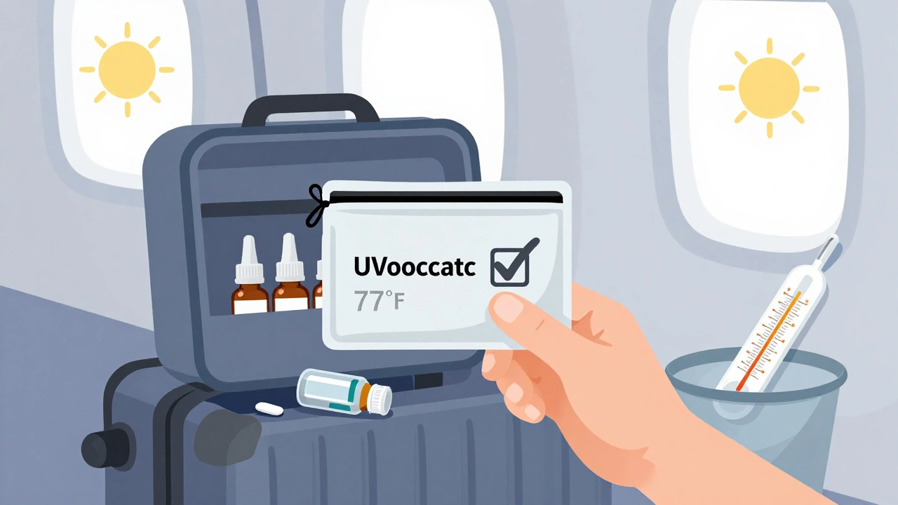 Person traveling with UV-blocking bag containing amber eye drop bottles in suitcase