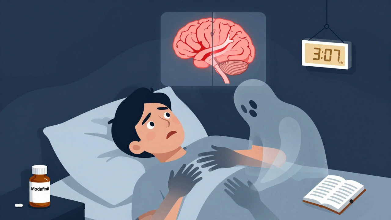 Person with sleep paralysis seeing hallucinations at night, brain pathway diagram above, pill bottle beside bed.