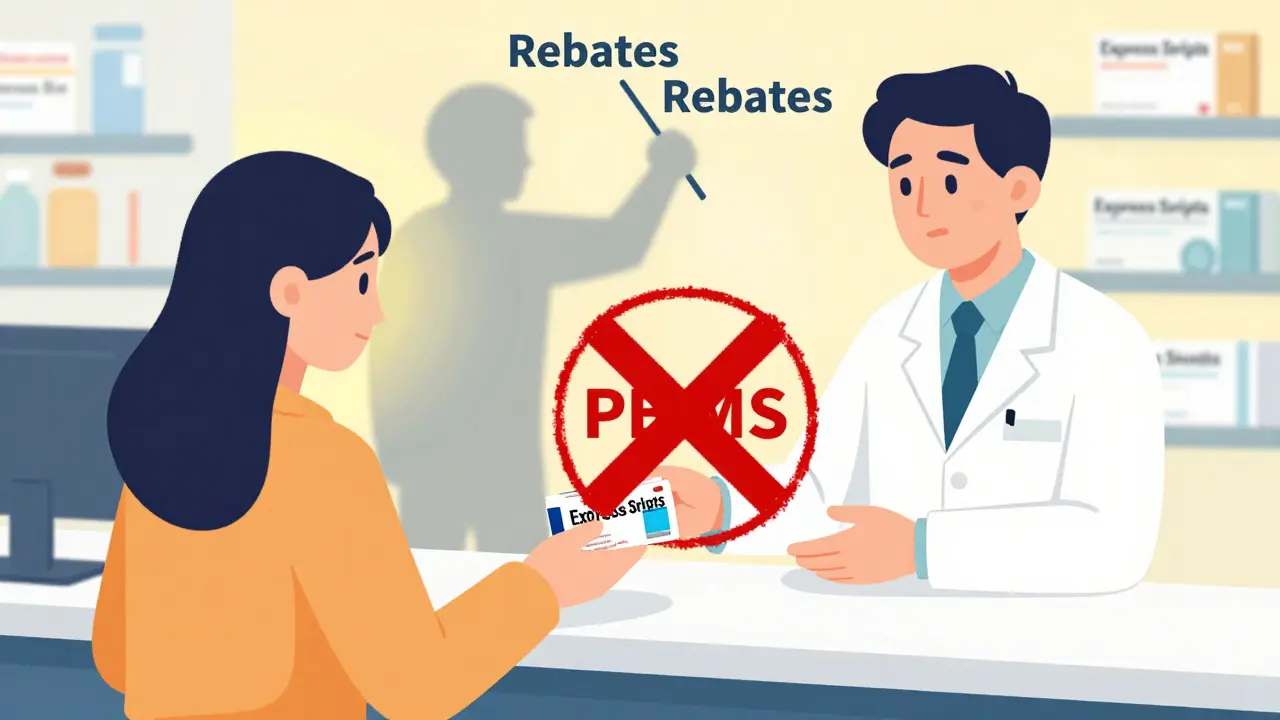 Pharmacist offering a biosimilar while a PBM blocks the transaction with a red X and rebate lever.