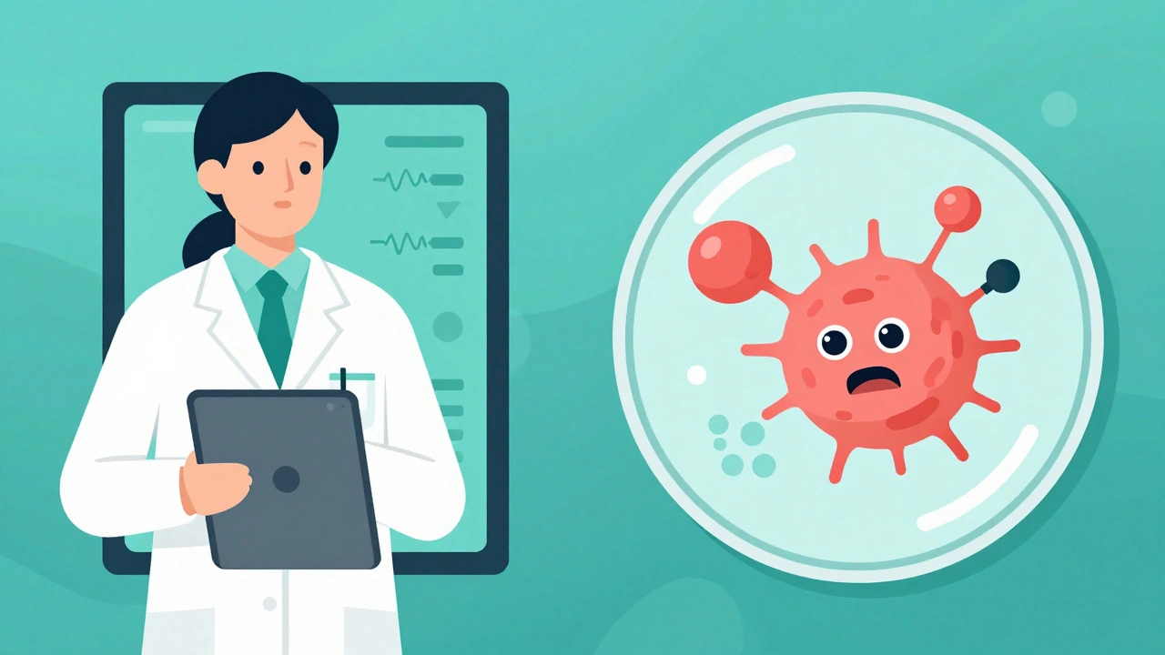 Pharmacist reviewing wearable sensor data and immune cell reaction to a drug.