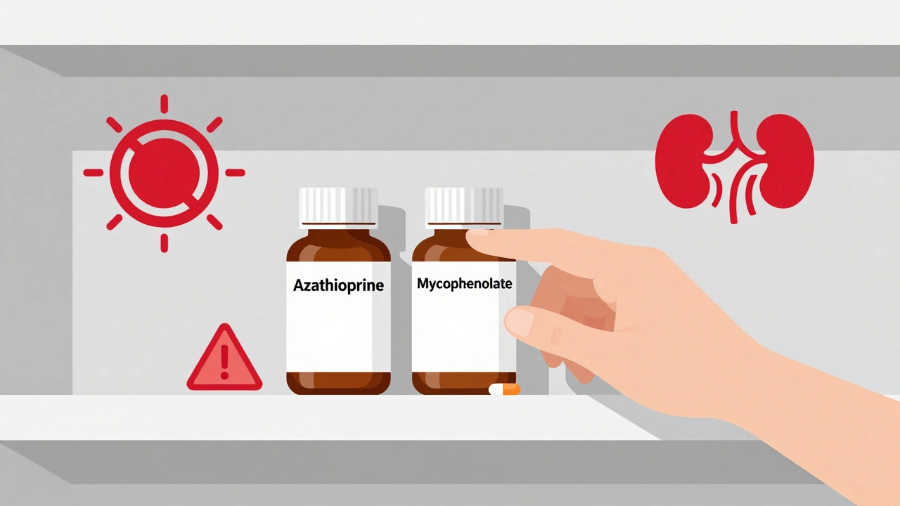 Pharmacy shelf with azathioprine and mycophenolate pills surrounded by warning symbols for sun, diarrhea, and kidney issues, with a PPI bottle casting a shadow.