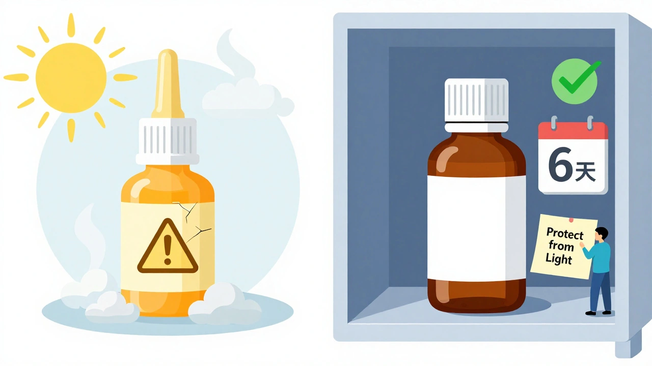 Side-by-side: degraded eye drop vs. properly stored eye drop with calendar and label