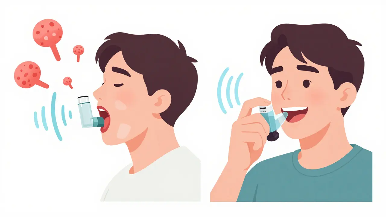 Side-by-side: person with thrush and hoarseness vs. clean mouth and clear voice after proper inhaler use.