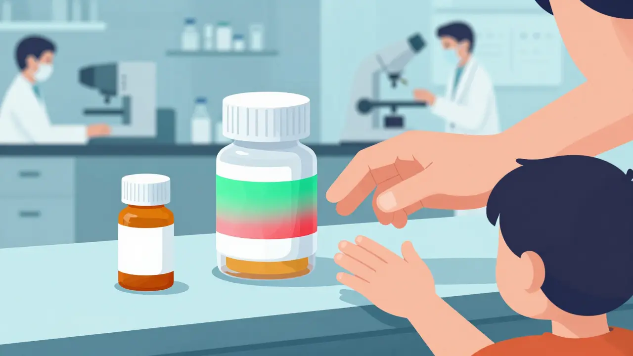 Smart pill bottle with color-changing band next to expired bottle, parent stopping child from reaching.