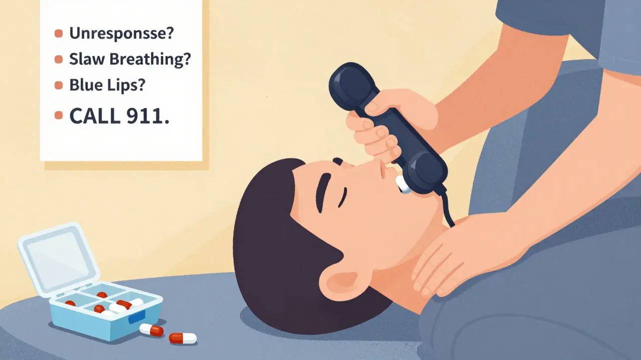 Someone calling 911 while performing rescue breathing on an unconscious person, pill bottles scattered nearby.