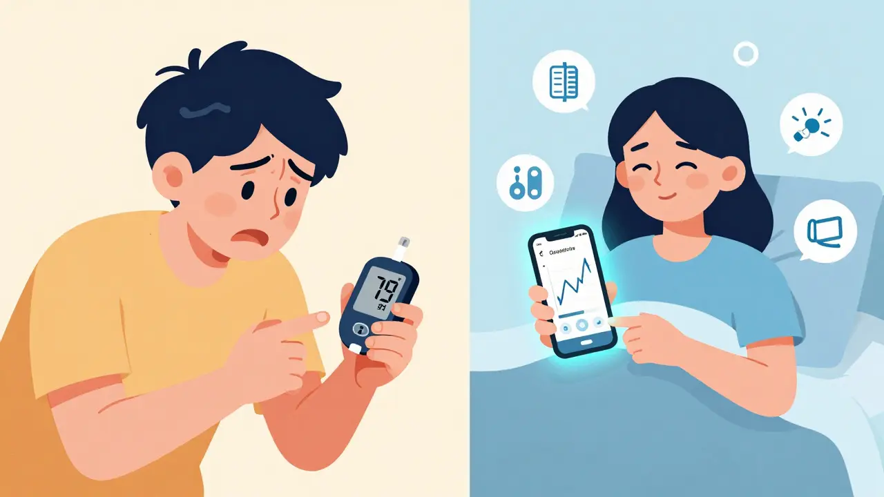 Split illustration comparing anxious nighttime glucose checks to peaceful sleep with automated diabetes management.