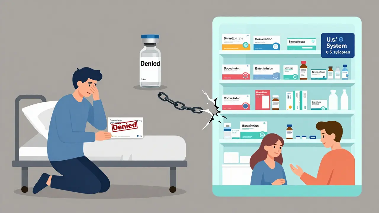 Split scene: patient denied insulin biosimilar in U.S. vs. easy access in Europe with tier-1 placement.