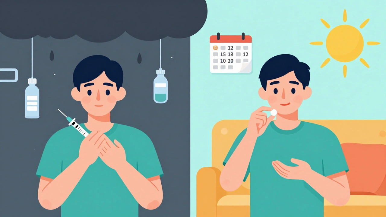 Split scene: person suffering with old injections vs. person taking one pill at home under sunlight