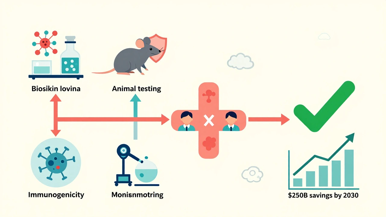 Step-by-step pipeline showing biosimilar development from lab to clinical trials to savings projection, with AI and graph elements.