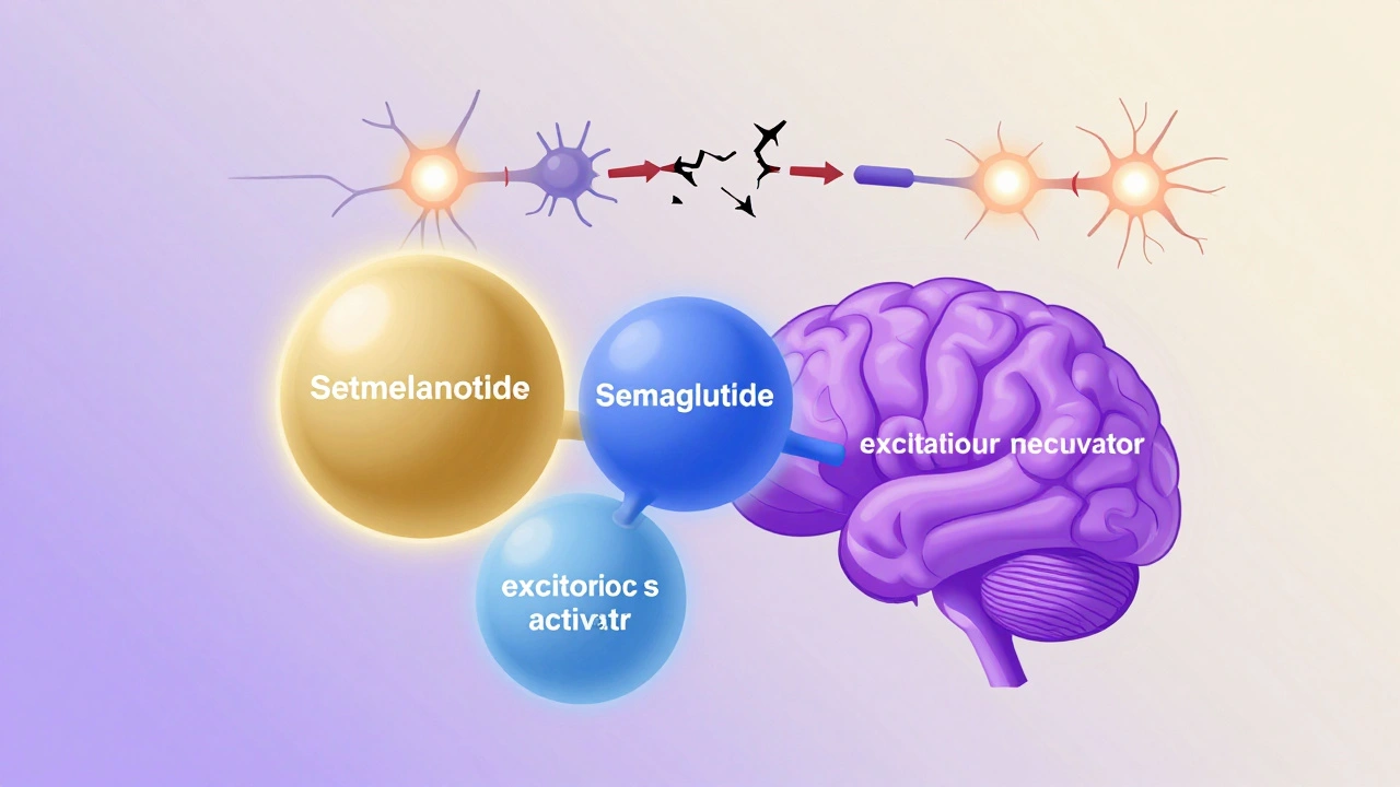 Three medical drugs connecting to brain neurons, repairing broken appetite signals in a colorful, simplified biological design.