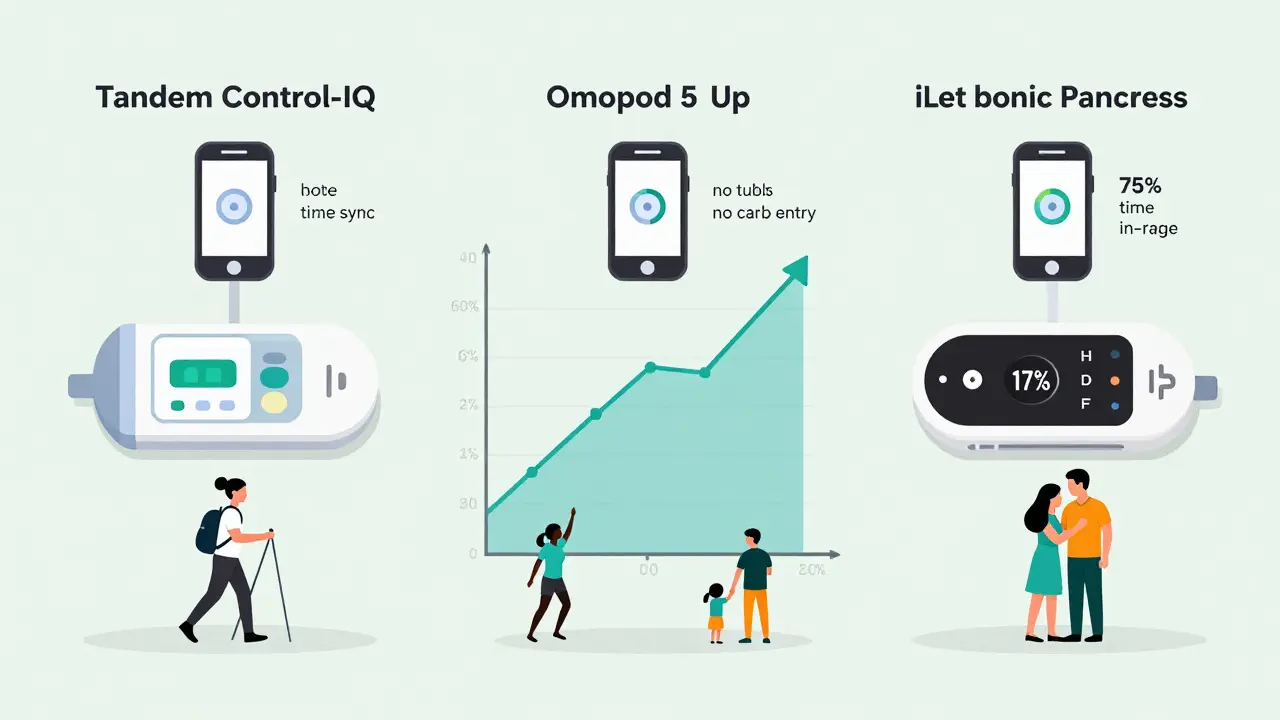 Three popular hybrid closed-loop insulin systems shown with icons, above a rising graph of improved blood sugar control.