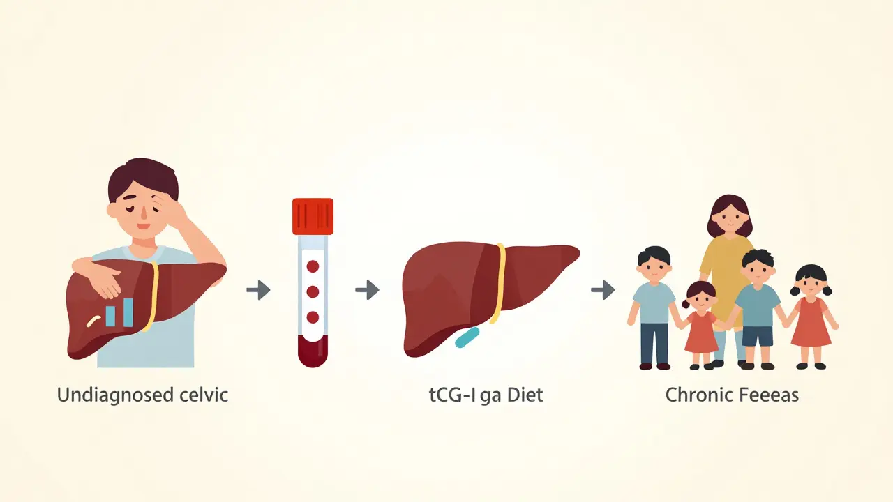 Timeline of undiagnosed celiac to diagnosis and healing, with liver enzyme changes and family risk.