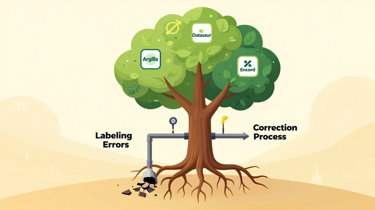 Tree growing from data pipelines, with errors weakening one root and corrections strengthening another.