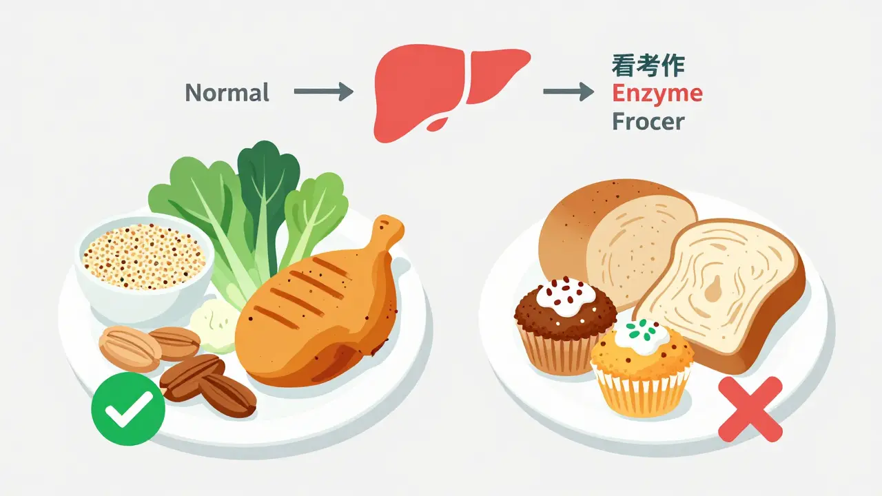 Two food plates: healthy whole foods vs. processed gluten-free junk with liver enzyme indicators.