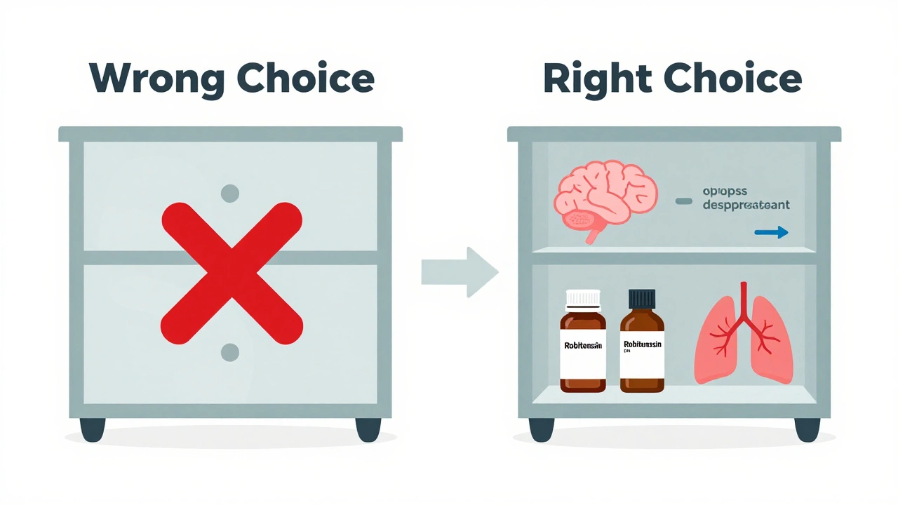 Two medicine cabinets: one with wrong combo product crossed out, one with correct separate medicines