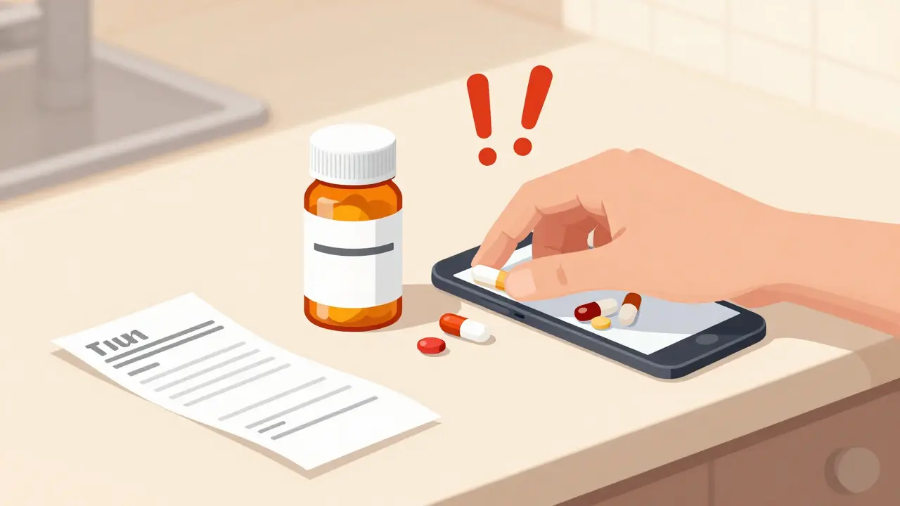 Wrong pills, receipt, and prescription on counter with photo of pills on phone.