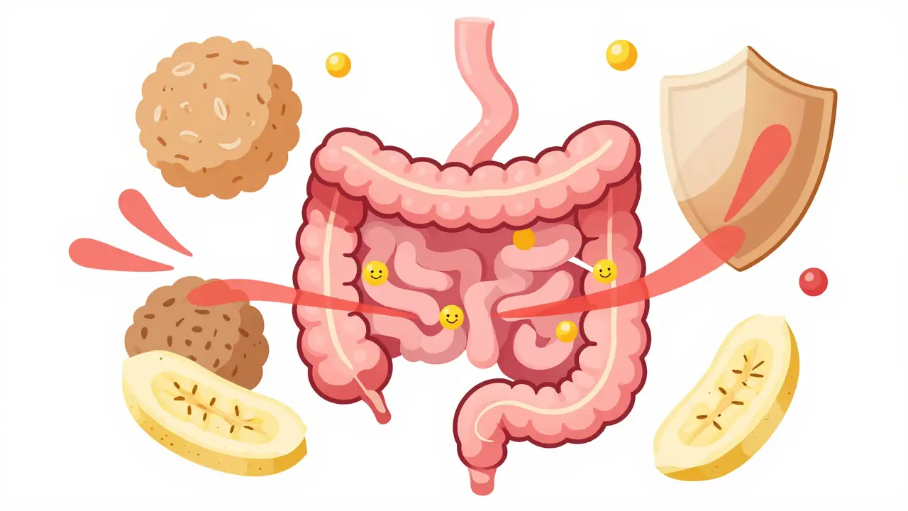 Cartoon gut with serotonin molecules and soluble fiber calming digestive system, showing how diet reduces side effects.