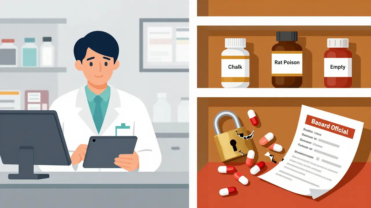 Contrast between licensed pharmacist and counterfeit drugs spilling from shelves