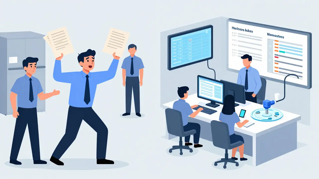 Contrasting old paper records with modern digital systems during an FDA inspection.