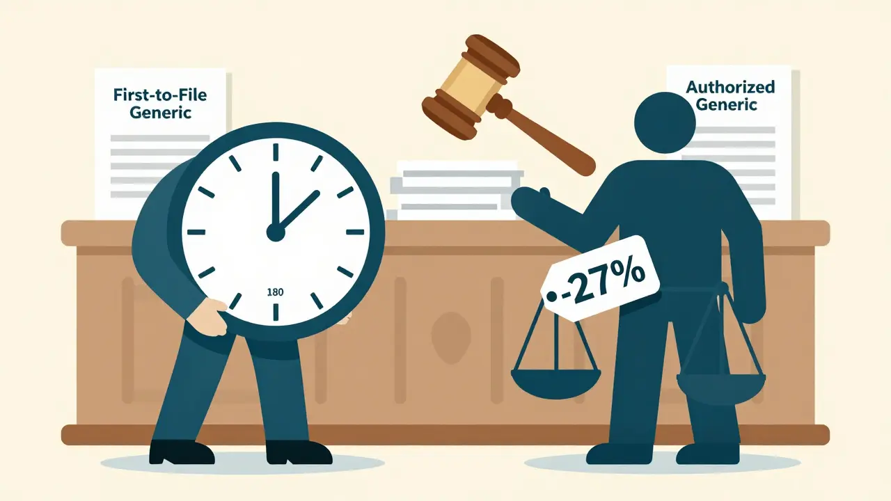 Courtroom scene with two drug competitors and a falling price tag symbolizing market competition.