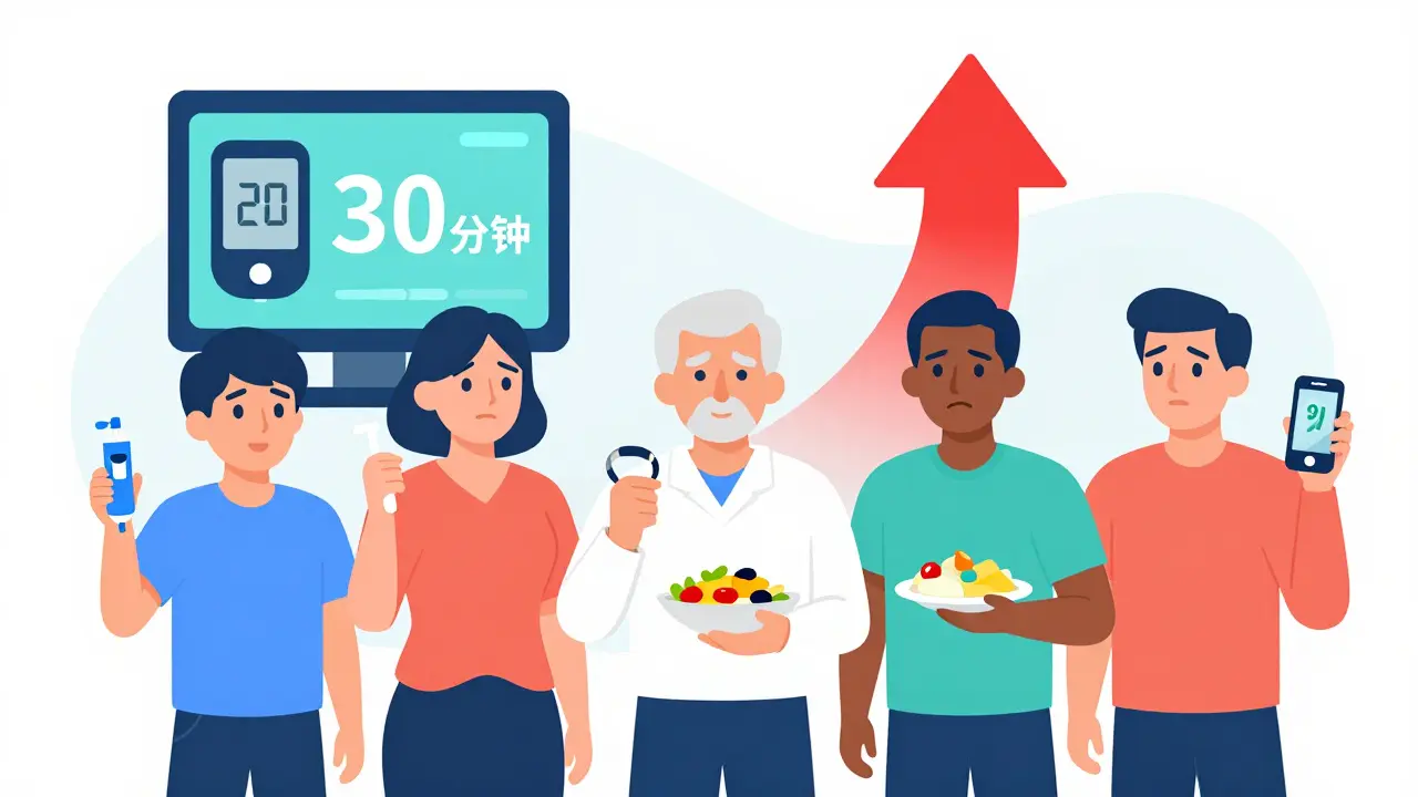 Diverse individuals facing hyperglycemia triggers, with predictive CGM alert and medical ID bracelet nearby.
