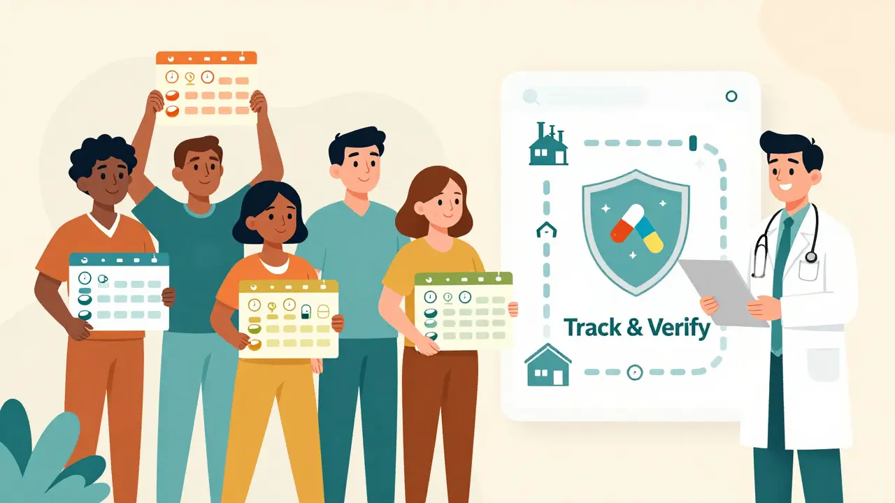 Diverse patients holding visual pill schedules with icons and colors, supported by a pharmacist.