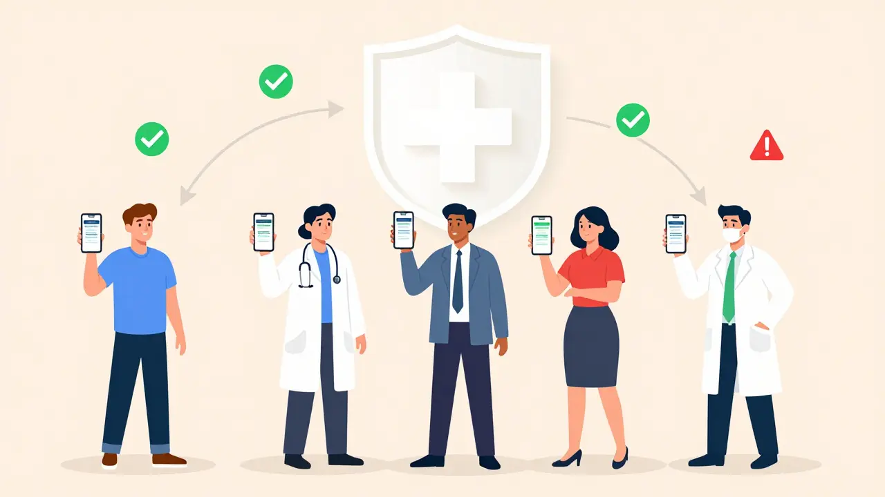 Diverse people verifying pharmacy licenses on smartphones with protective shield above