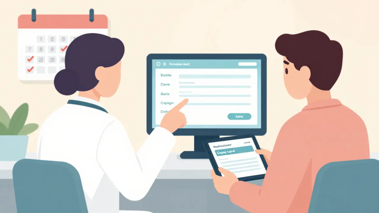 Doctor and patient reviewing real-time formulary alerts in clinic