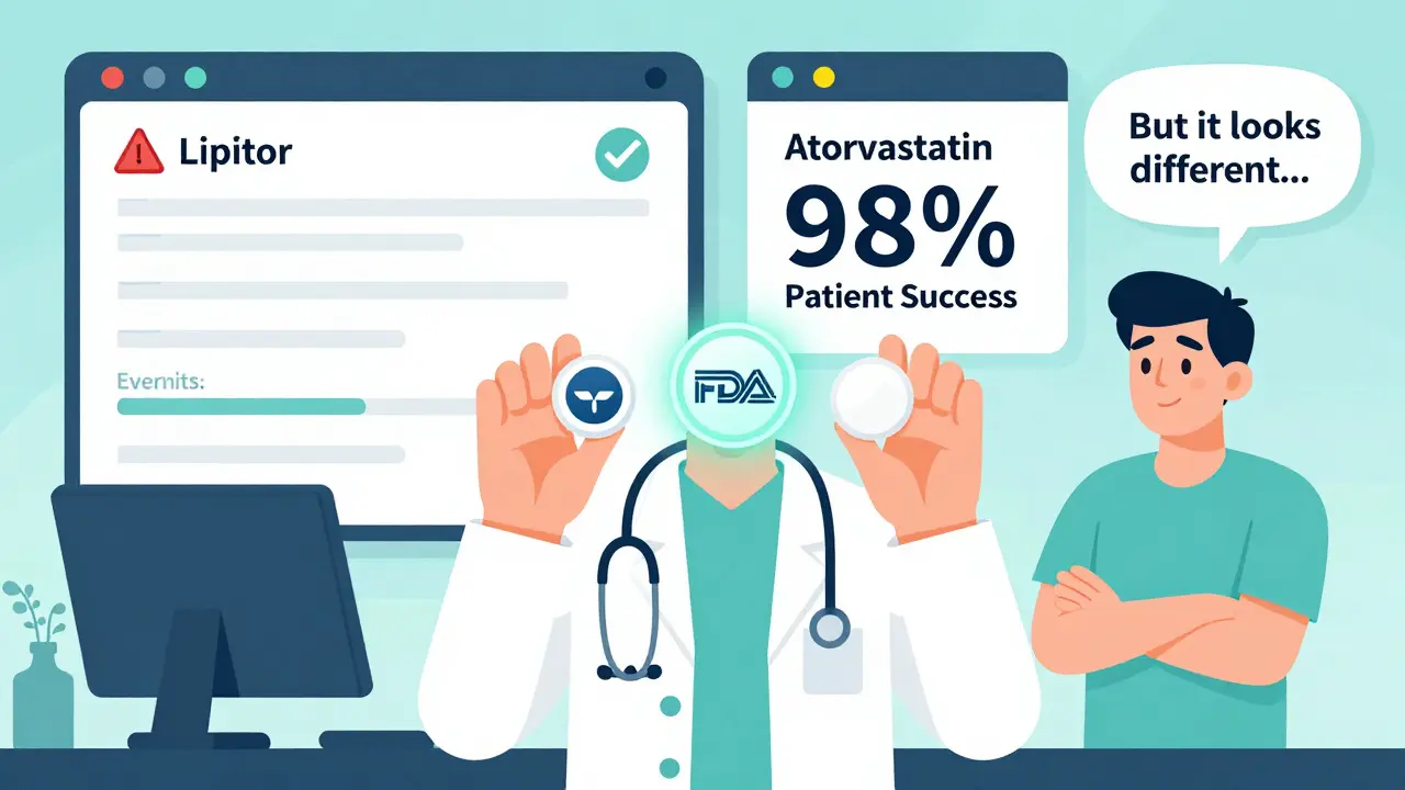 Doctor comparing branded and generic pills with FDA badge and EHR screen showing success data and patient doubt.