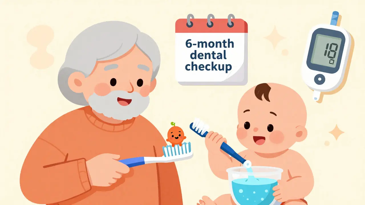 Elderly person and baby with yeast being removed by toothbrush and rinse, healthy habits shown.