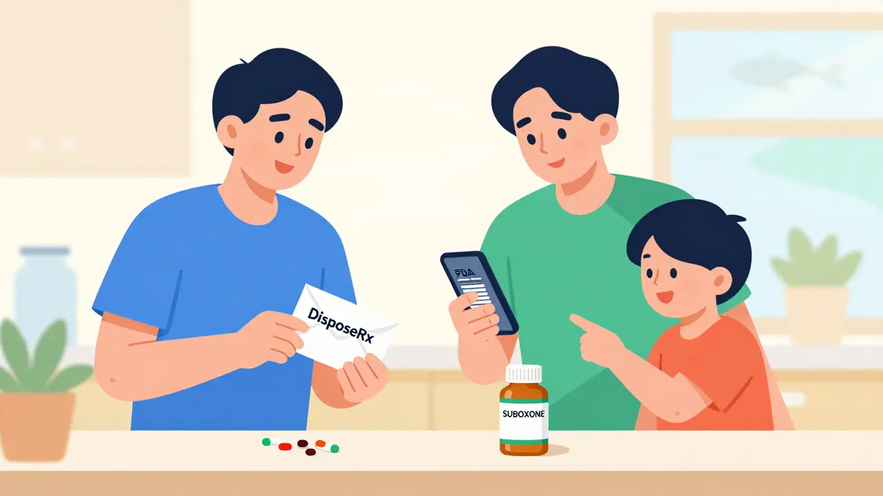 Family disposing meds safely with DisposeRx envelope, child pointing at SUBOXONE bottle.