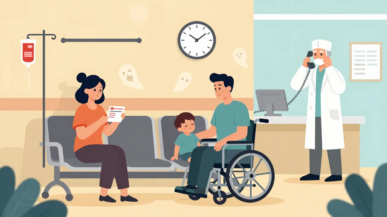 Family in hospital waiting room, pharmacist calling pharmacies, child sleeping in wheelchair.