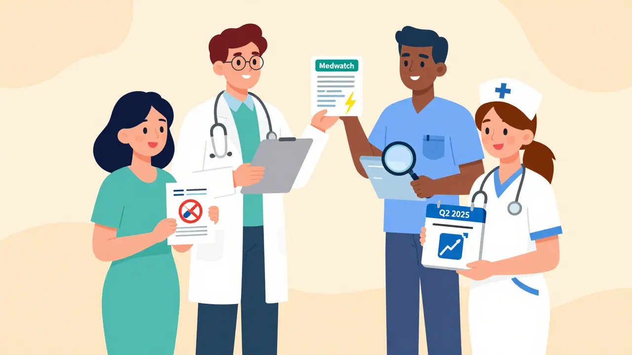 Four diverse individuals holding different types of FDA drug safety alerts together in a circle.