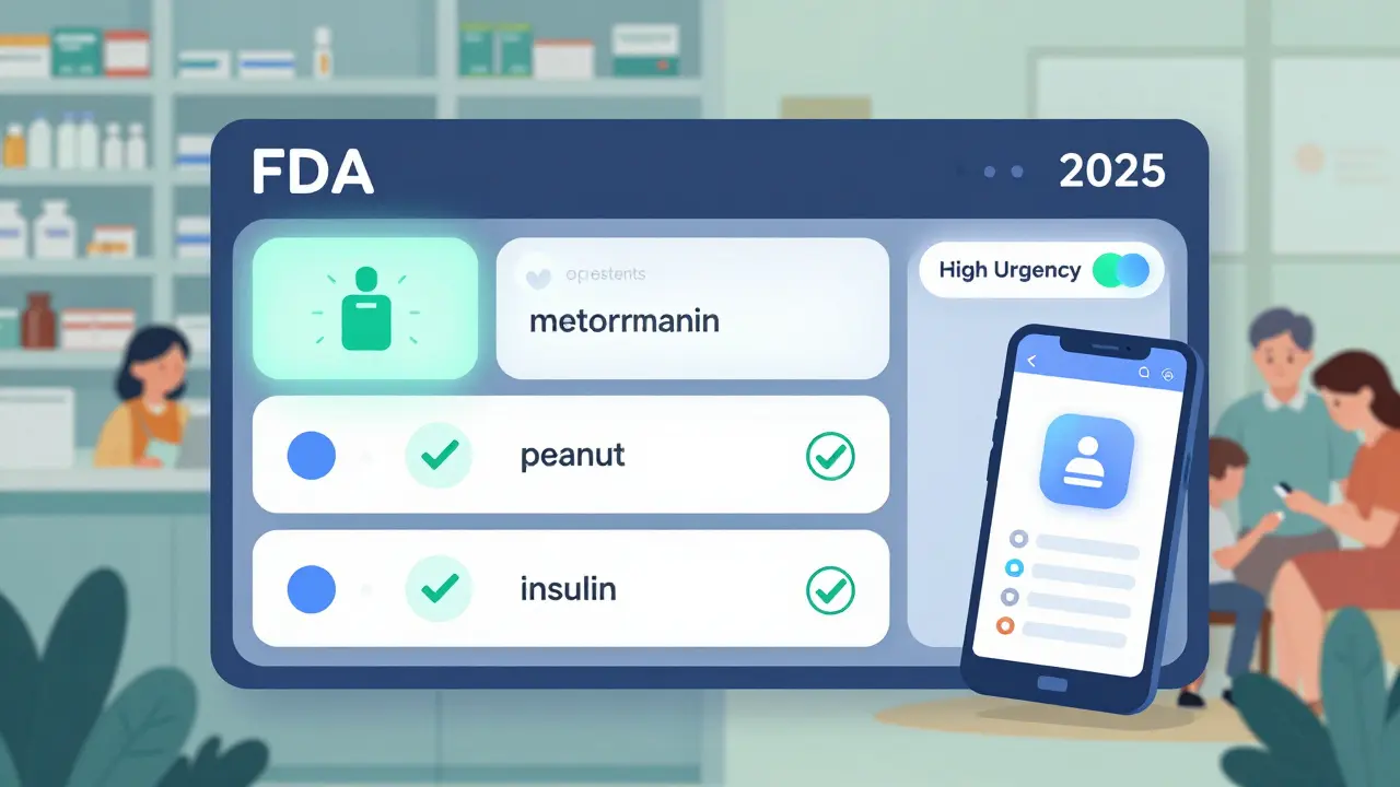 Futuristic FDA unified alert dashboard with keywords, mobile app, and Spanish toggle in 2025.