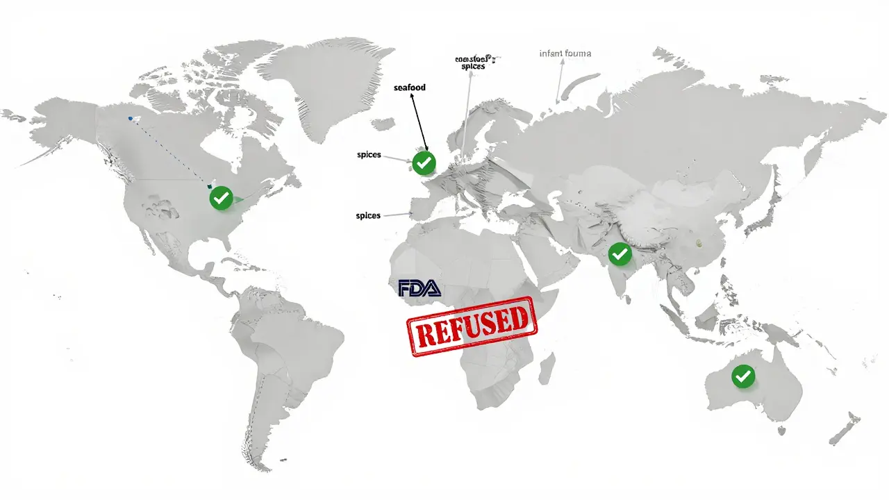 Global food exports to the U.S. with some shipments rejected, others approved by FDA.