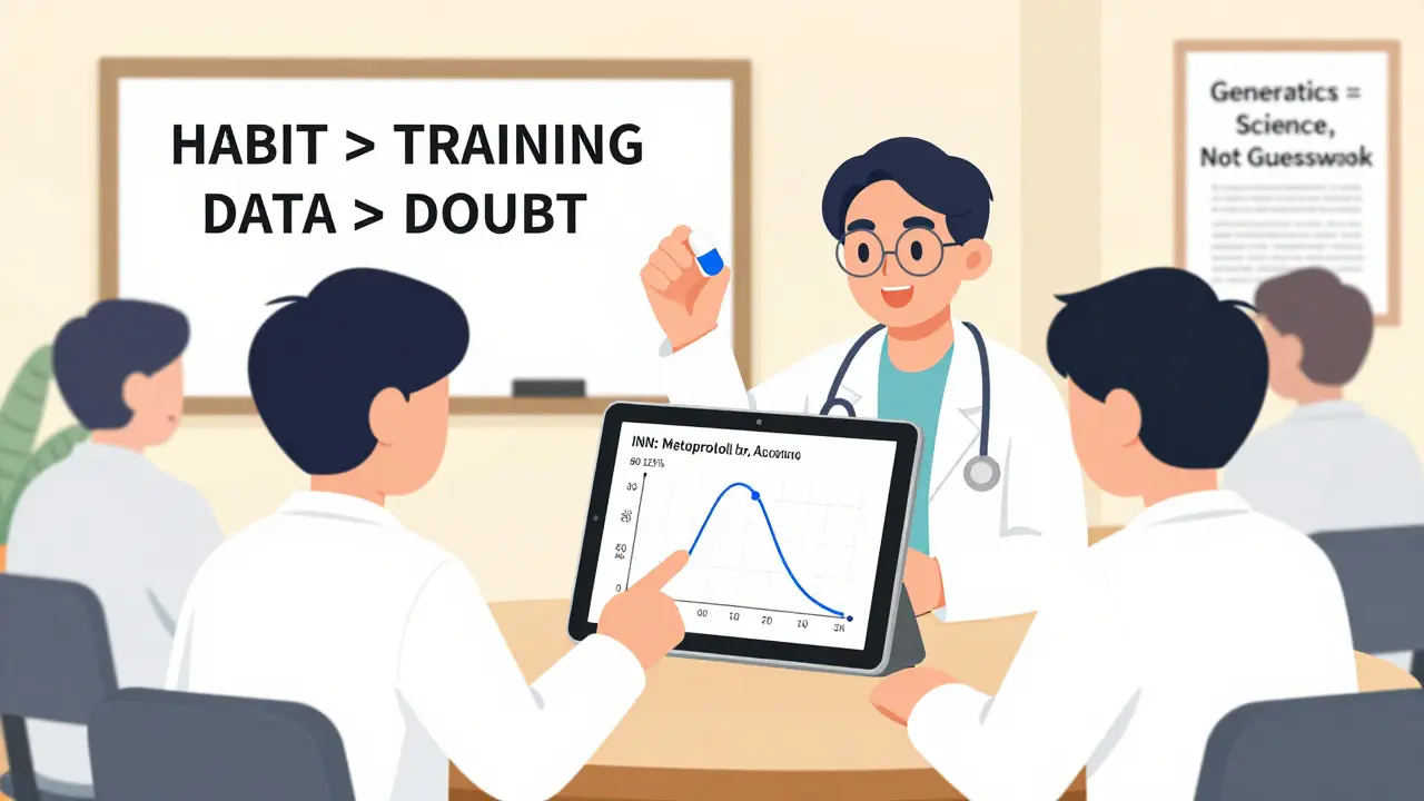 Medical students learning bioequivalence with interactive graph and INN pill, classroom poster promoting science over doubt.