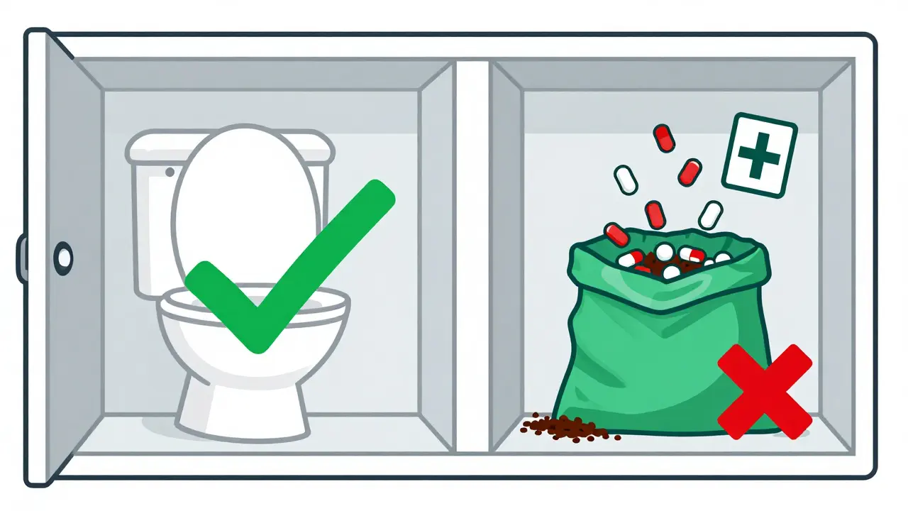 Medicine cabinet split: flushing pills safely vs. mixing with trash, color-coded.