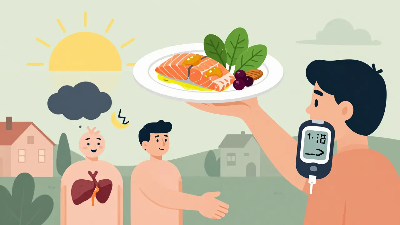 Mediterranean plate above a person with CGM, thyroid and pancreas shaking hands as stress fades in background.