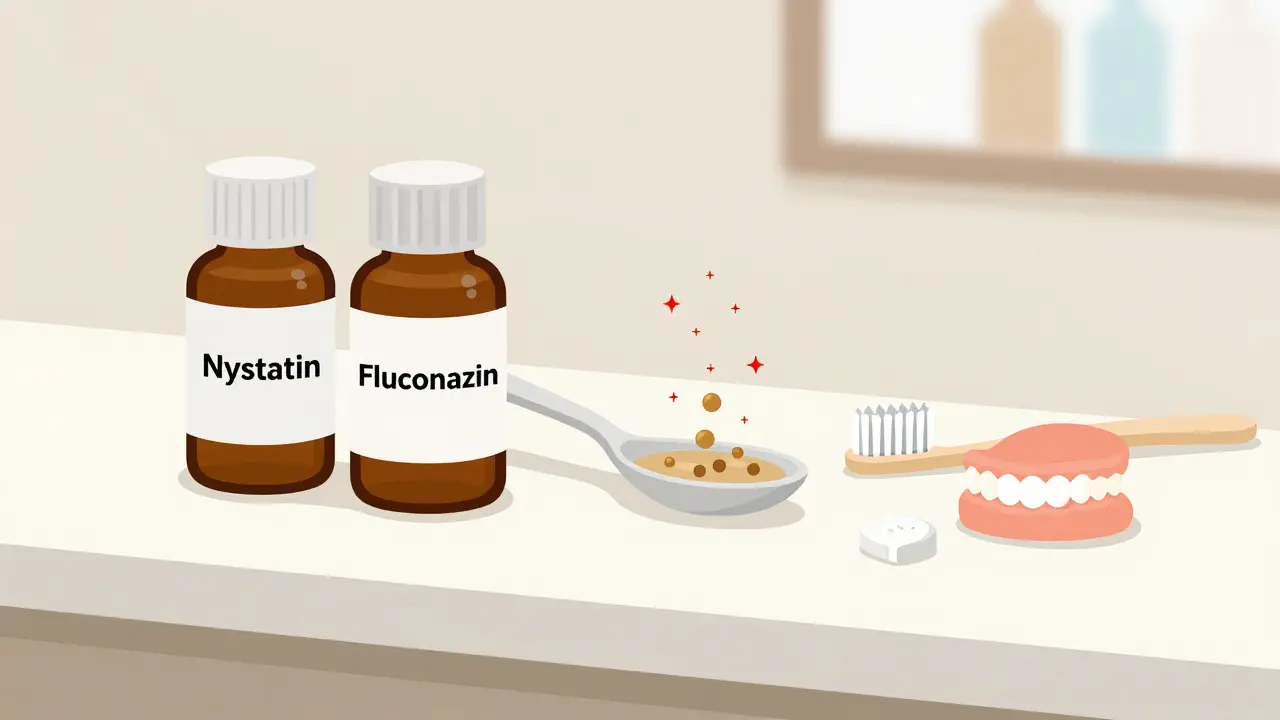 Nystatin and fluconazole bottles beside oral care items, with antifungal particles neutralizing yeast.
