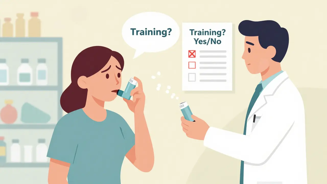 Patient confused in pharmacy as inhaler is handed over with incorrect usage thought bubbles