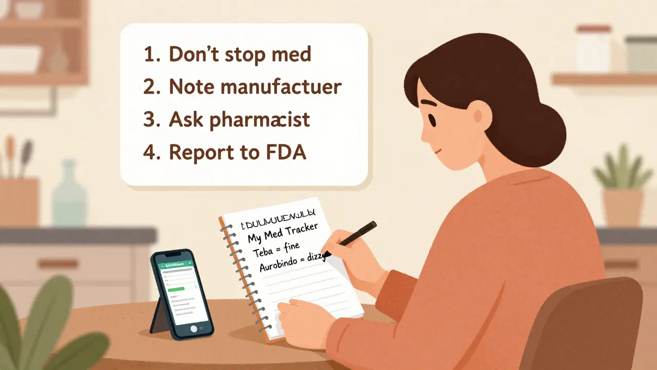 Patient tracking medication effects in a notebook with checklist on wall and phone showing FDA report site