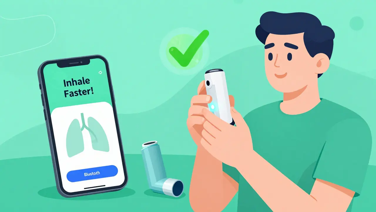 Patient using smart inhaler with phone alert guiding correct breathing technique