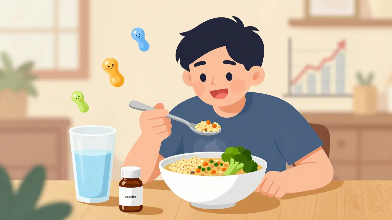 Person enjoying a healthy meal with psyllium supplement and water, colorful fiber molecules floating nearby.