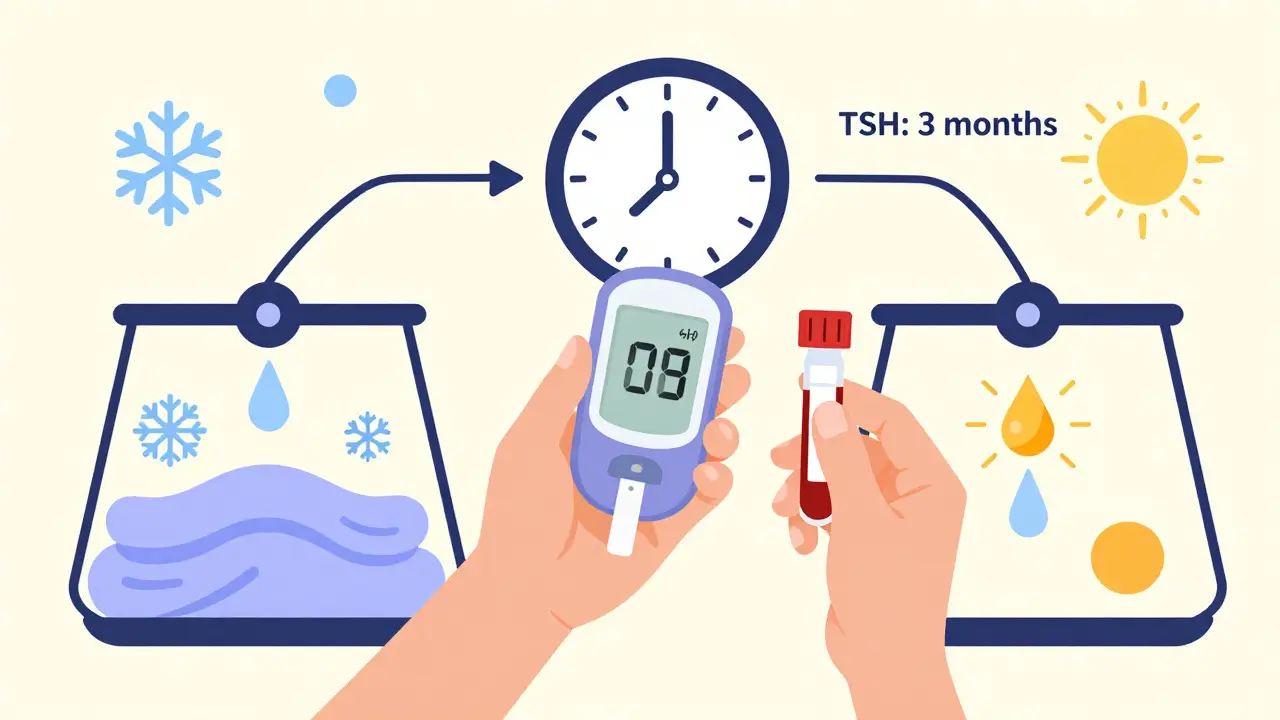 Person holding glucose monitor and thyroid test vial between two opposing scales showing weight and temperature changes.