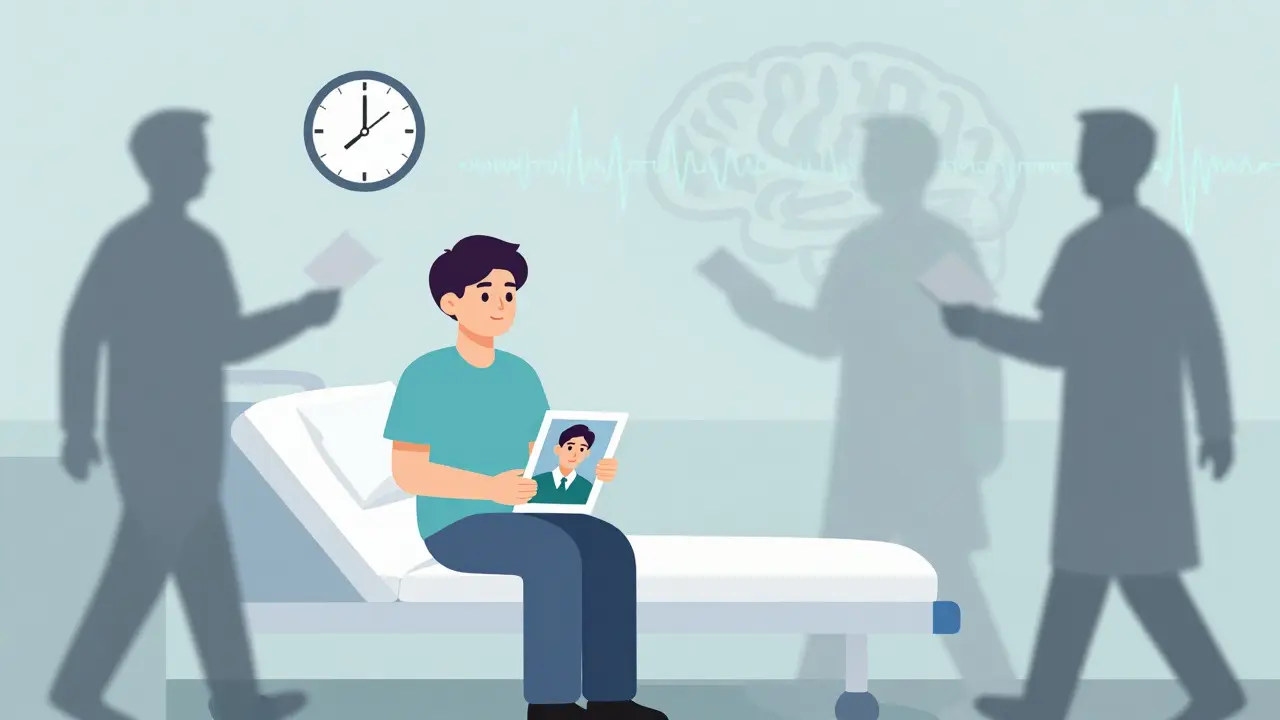 Person on hospital bed holding a photo of their past self, while doctors walk away with pamphlets, conveying lack of follow-up care.