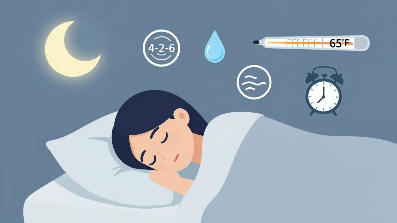 Person sleeping in cool room with breathing, water, and sleep icons nearby.