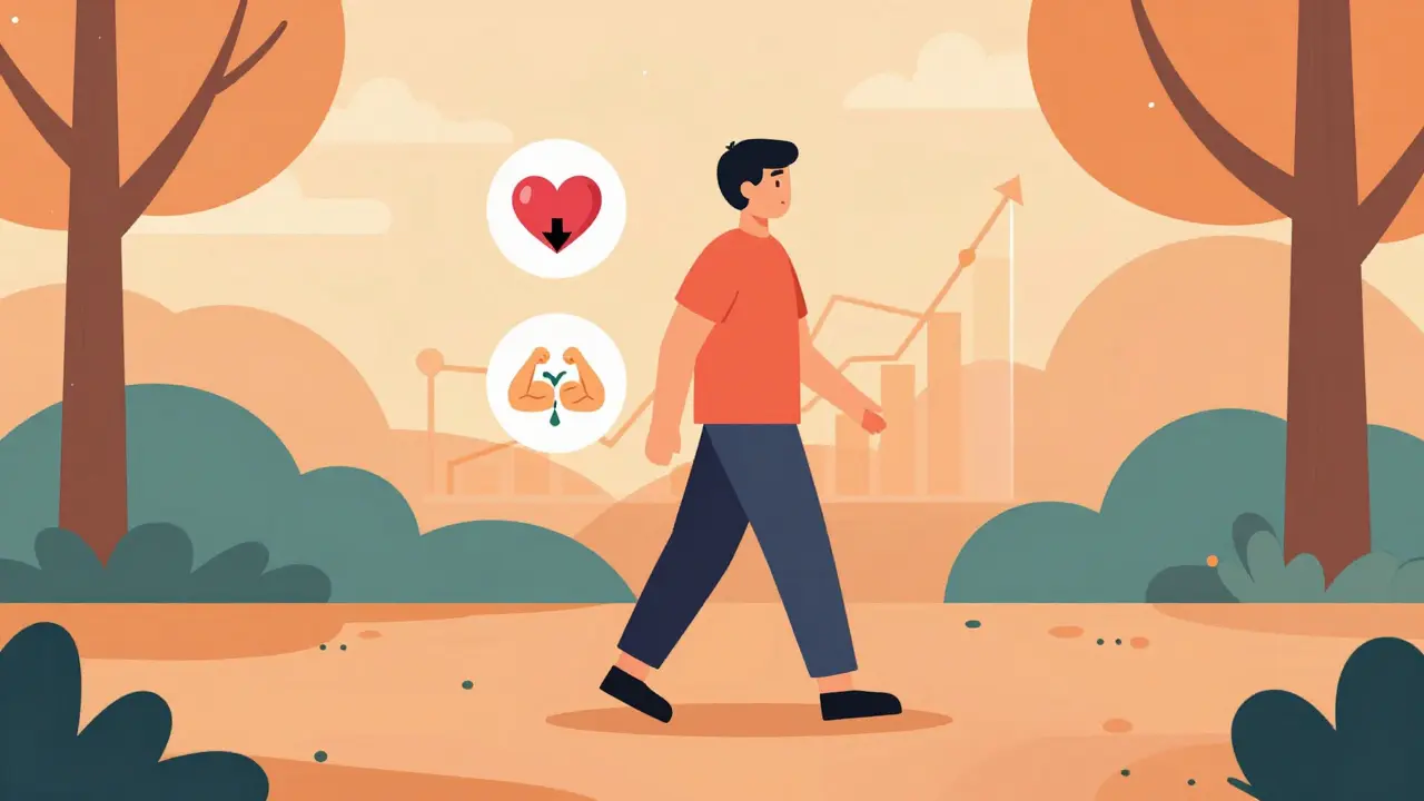 Person walking in park with icons showing reduced fatigue and muscle pain.