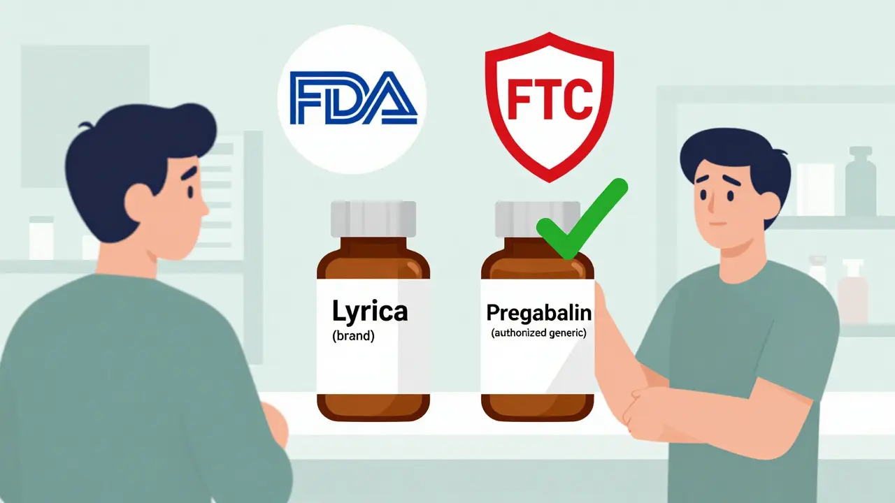 Pharmacist comparing two medication bottles while patient looks confused, FDA and FTC icons above.